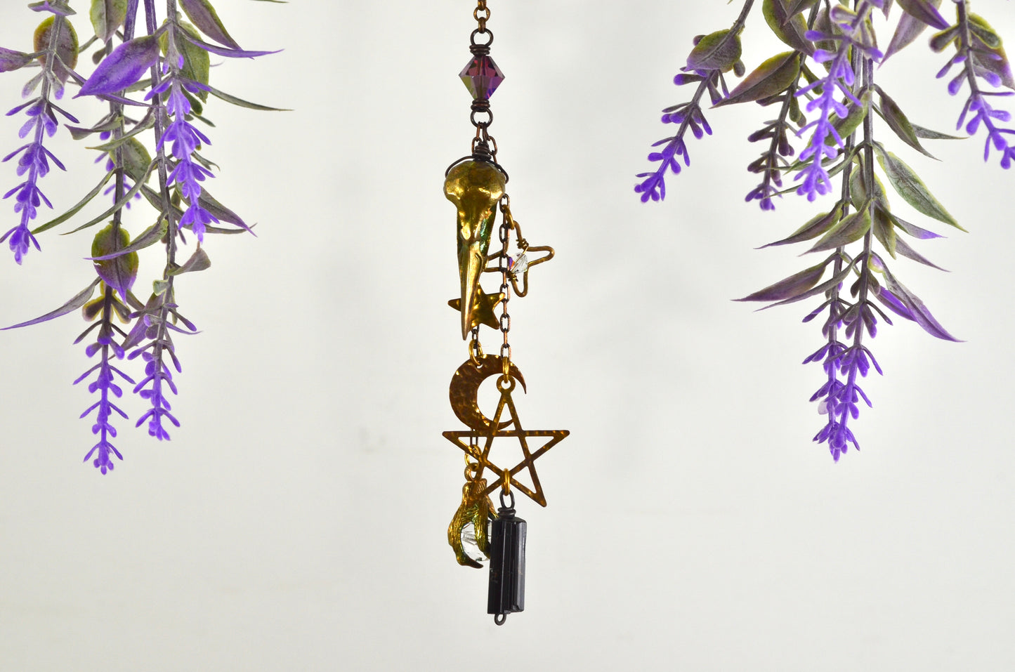 Raven Skull Moon Stars Rearview Mirror Car Charm, dark witchy room decor Black Tourmaline gothic car accessories