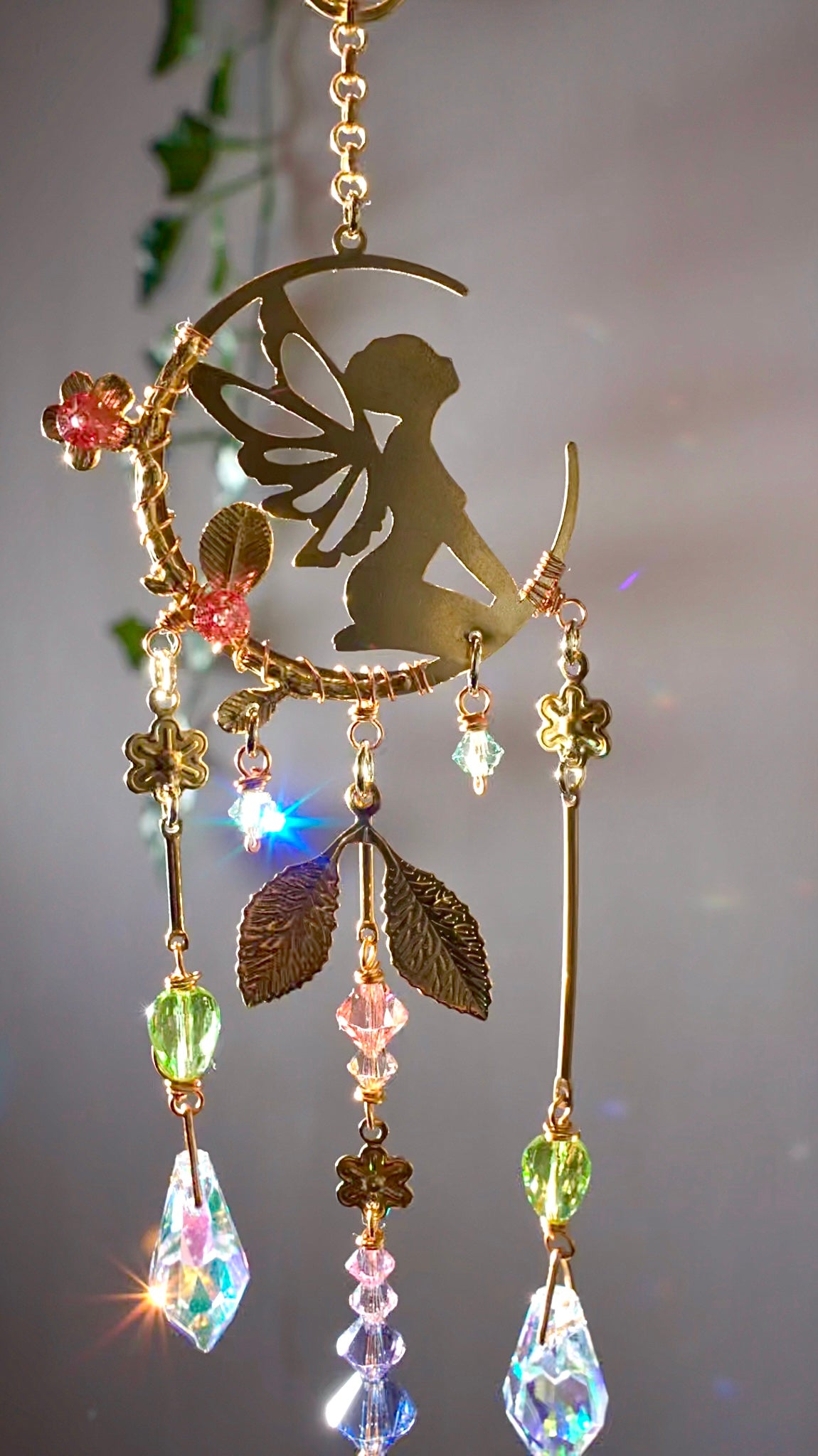 "Fairy Flora" Car Charm~ Fae with Flowers and Crescent Moon, ombré pastel crystal prism Rear View Mirror hanger accessories