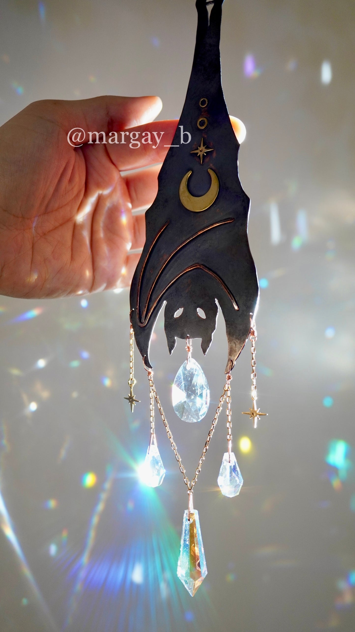 Nocturne~ Single Larger Hanging Bat ~ Copper Crystal Suncatcher, witchy Halloween celestial room decor rainbow maker{