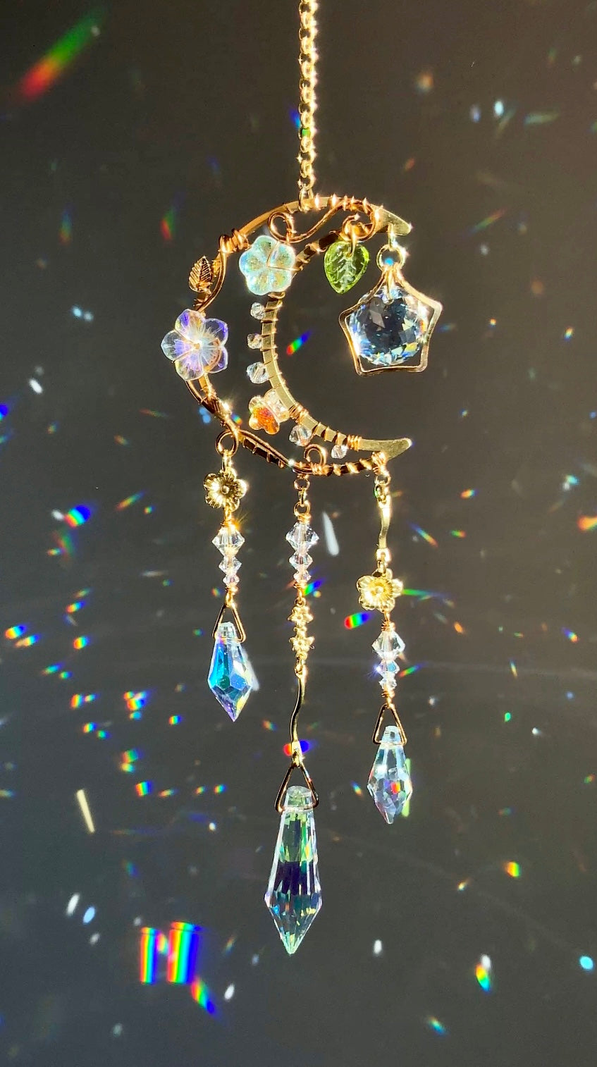 Moonflower Aura Crystal Rear View Mirror Car Charm, Crescent Celestial auto decoration accessories made with 18k Gold-Plated