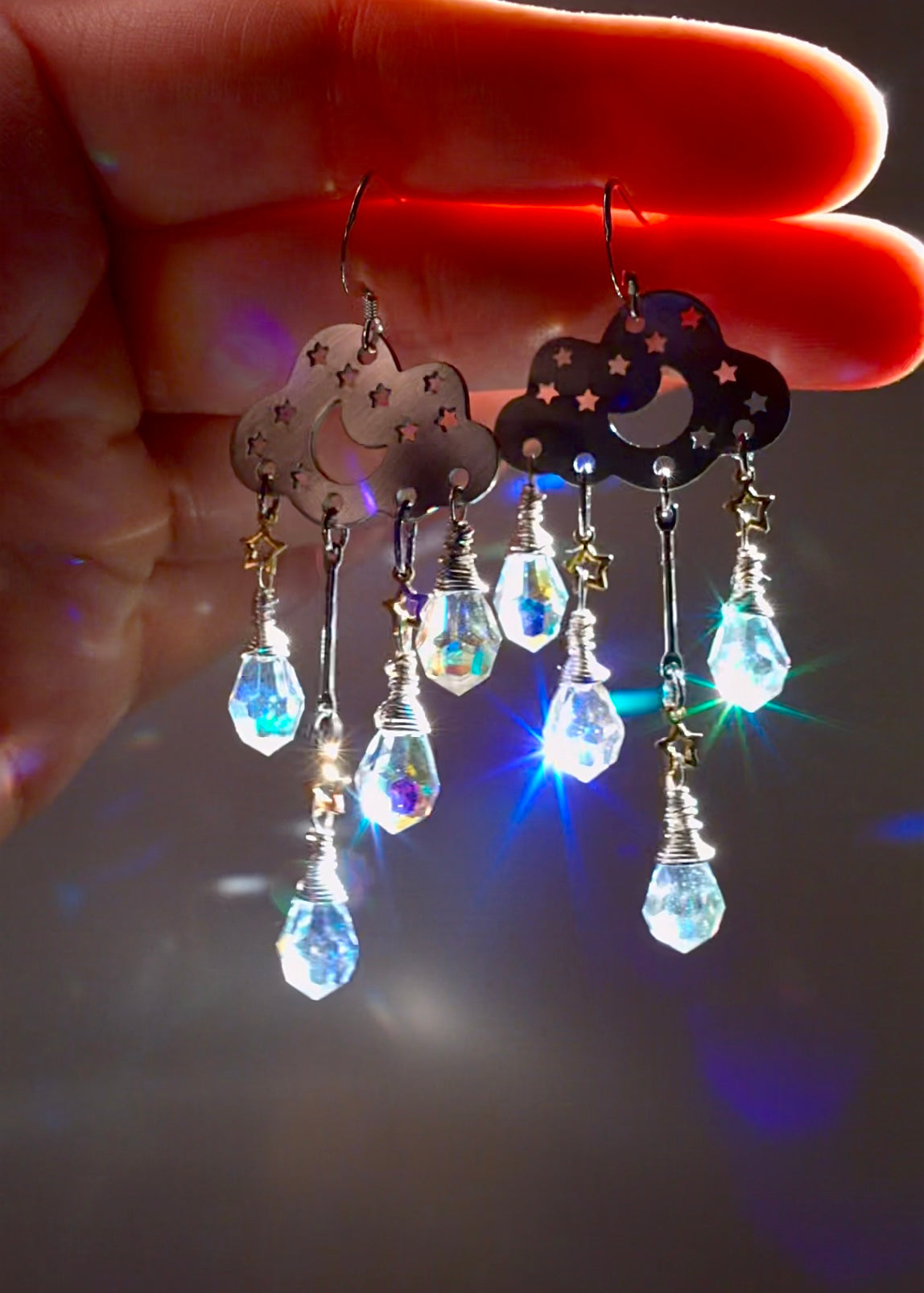 Aura Crystal Rain Cloud earrings~ Stainless Steel, Sterling Silver, and Brass