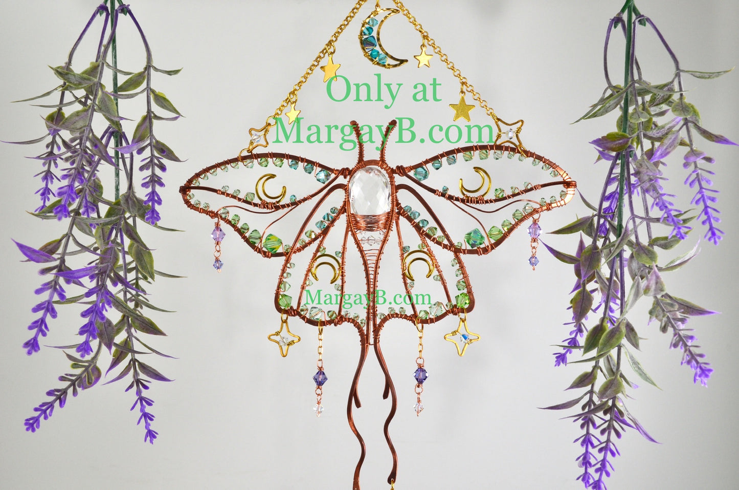 Luna Moth Moon Stars Suncatcher, boho witchy room decor rainbow maker Moth Necklace with raw crystal points