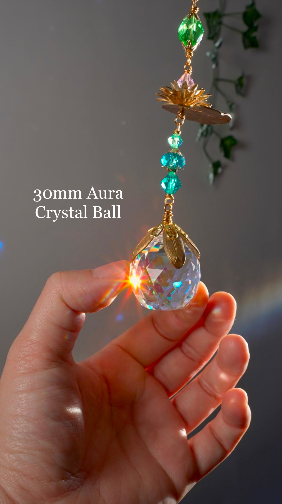 Lotus Lilypad Dragonfly Crystal Ball Suncatcher, Window Charm made with ombré prisms and Brass