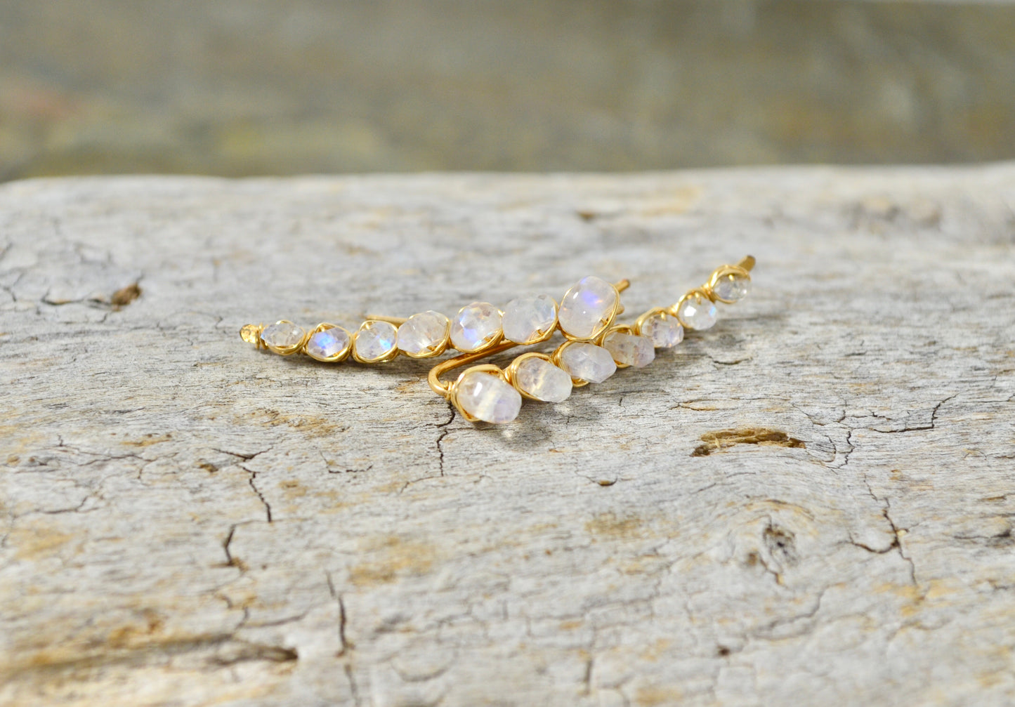 Rainbow Moonstone Ear Climbers in Sterling Silver or 14k Gold Fill, June Birthstone earrings