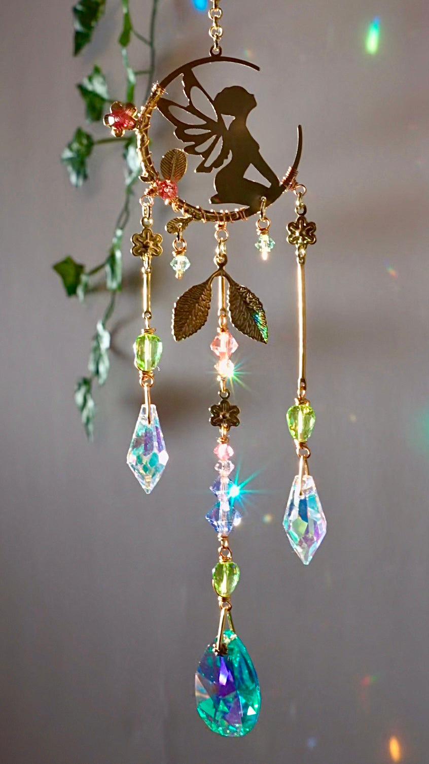 "Fairy Flora" Car Charm~ Fae with Flowers and Crescent Moon, ombré pastel crystal prism Rear View Mirror hanger accessories