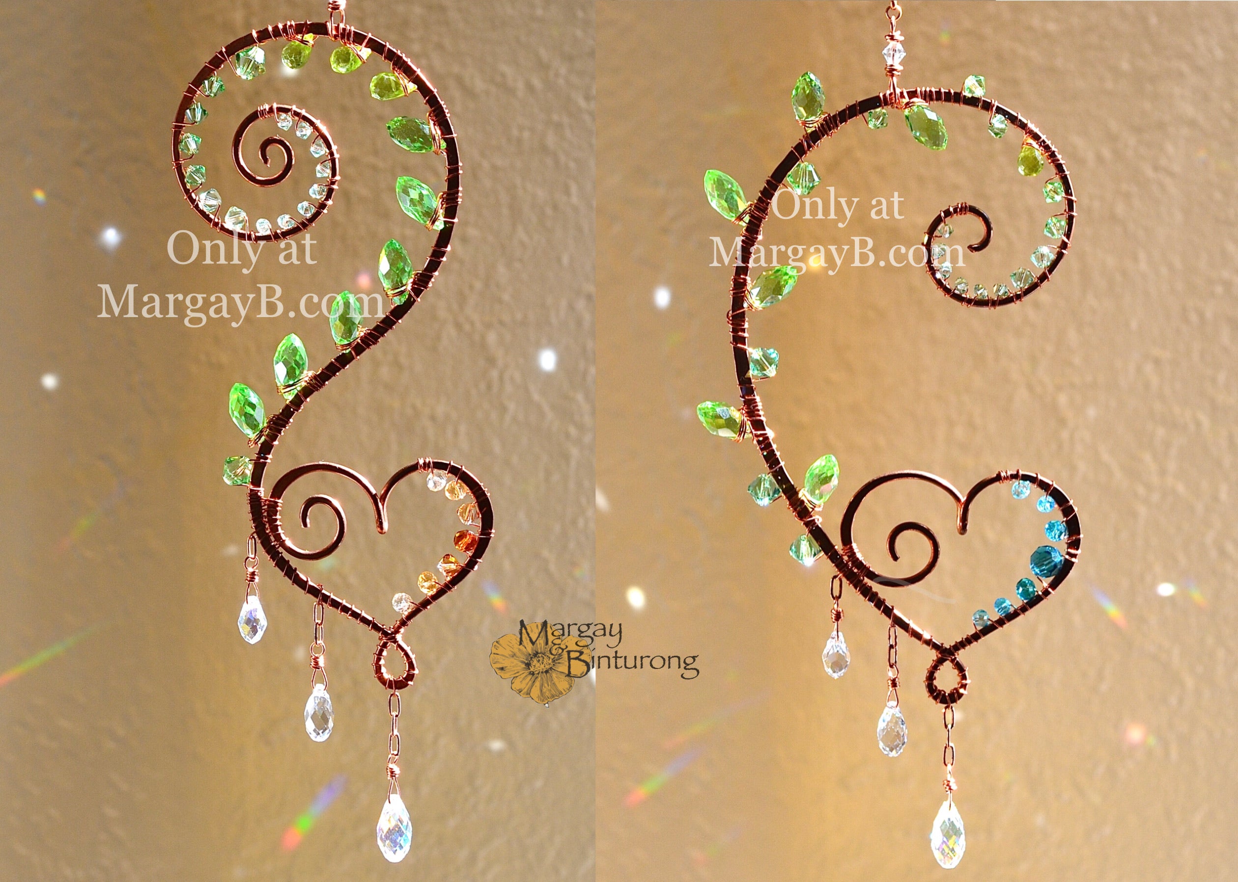 New Beaded Heart Sun Catcher w/ Wire Wrapped Beads, Seed Beads Wrap Outside  Edge