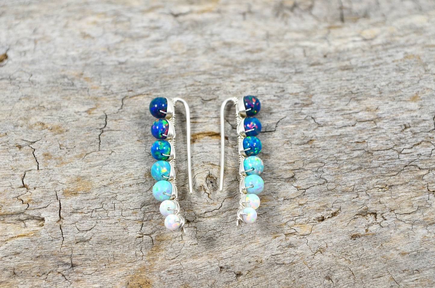 Blue White Opal Ear Climbers, in Sterling Silver or 14k Gold Filled