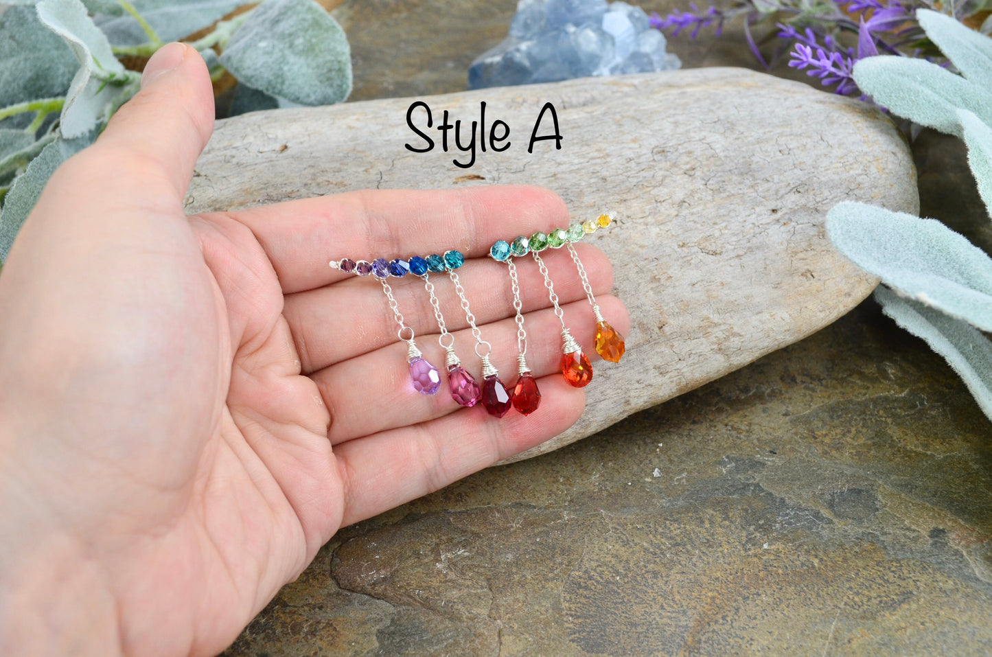 Rainbow Crystal dangly Ear Climbers in Sterling Silver or 14k Gold Fill, asymmetrical Crystal prism lgbtq pride ombré earrings