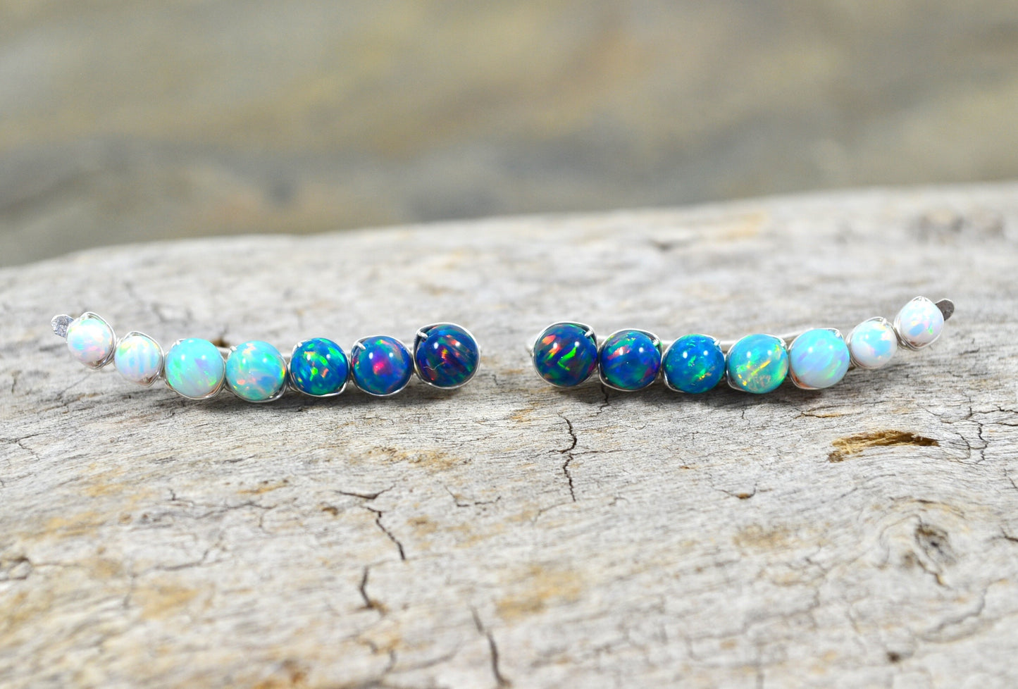Blue White Opal Ear Climbers, in Sterling Silver or 14k Gold Filled