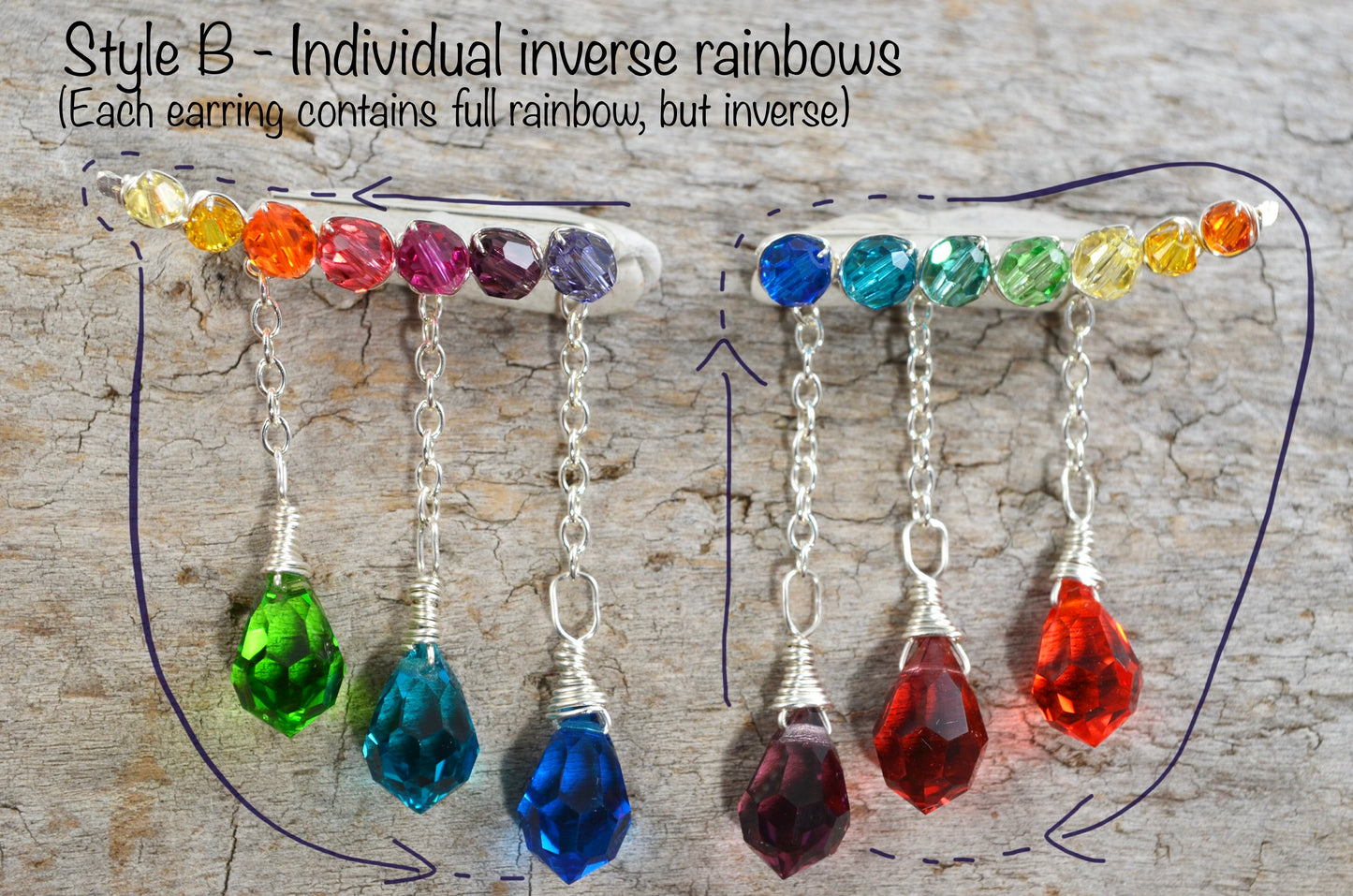 Rainbow Crystal dangly Ear Climbers in Sterling Silver or 14k Gold Fill, asymmetrical Crystal prism lgbtq pride ombré earrings