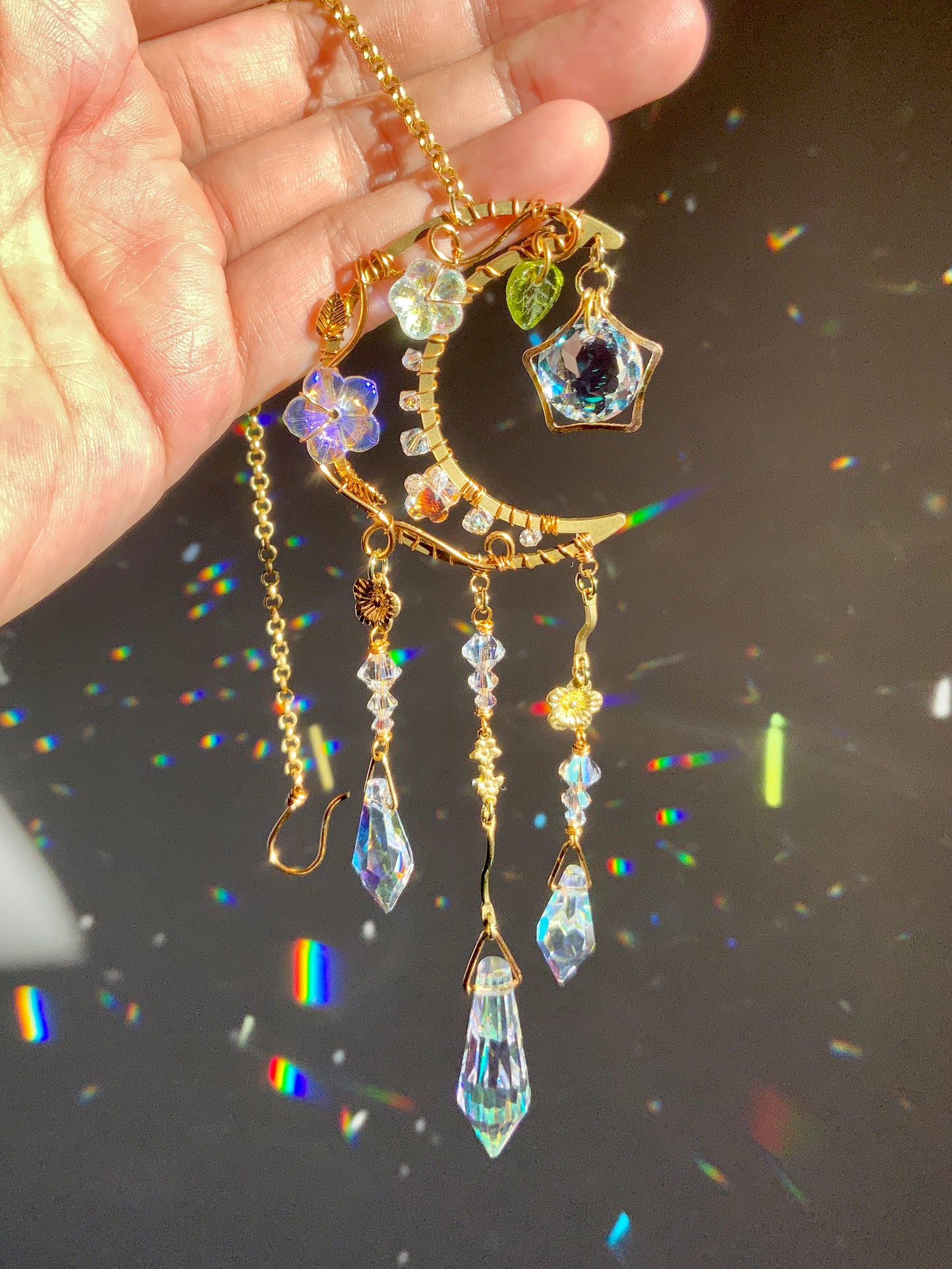 Moonflower Aura Crystal Rear View Mirror Car Charm, Crescent Celestial auto decoration accessories made with 18k Gold-Plated