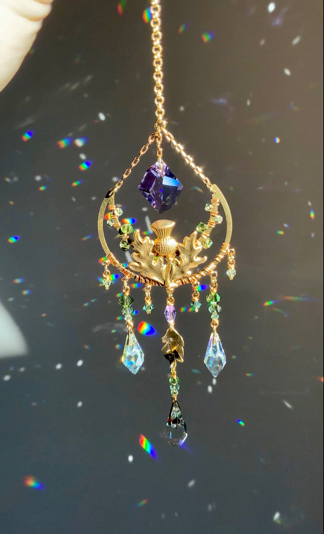 Wild Thistle Crystal Rear View Mirror Car Charm, Floral Crescent Moon auto decoration accessories made with Brass