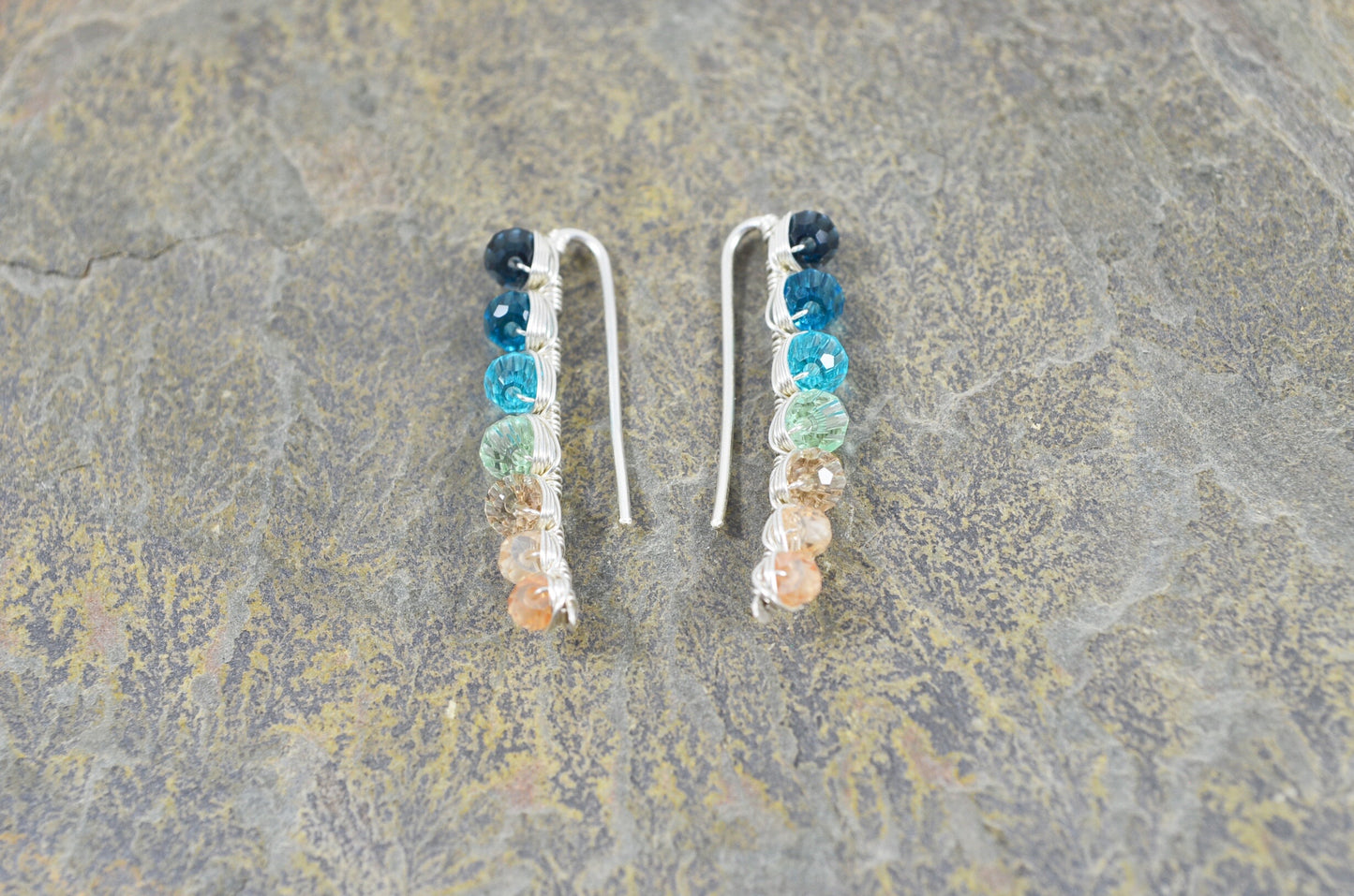 Tropical Bay inspired ombré Crystal Ear Climbers in Sterling Silver or 14k Gold Fill, ear crawler earrings