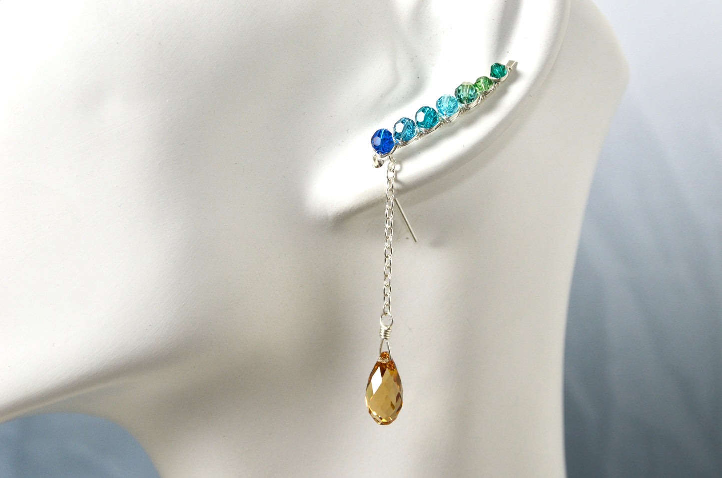 Peacock Feather inspired Ear Climbers, in Sterling Silver or 14k Gold Filled; Choose your drop color