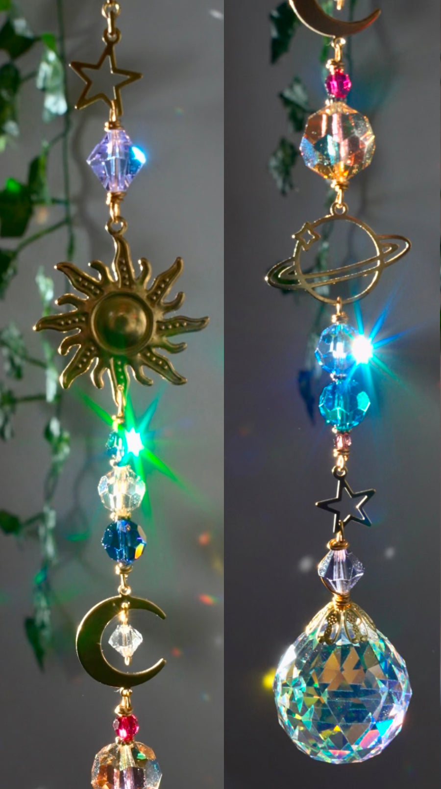 Solar System Crystal Ball Suncatcher Window Charm, celestial planetary hanger made with prisms and Brass