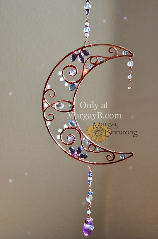 Crescent Moon Suncatcher Handmade with Wire Wrapped Crystal prism rainbow makers