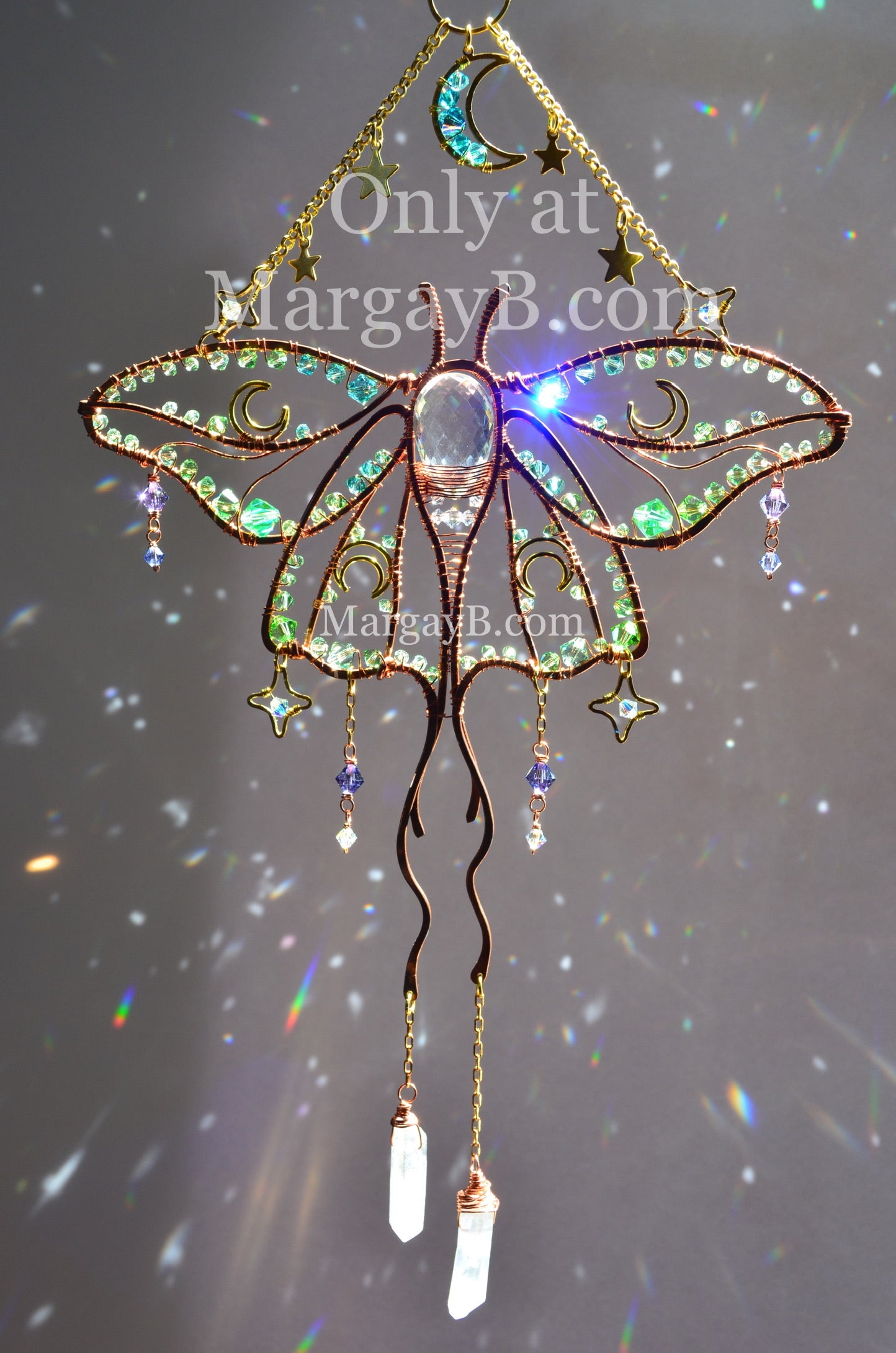 Luna Moth Moon Stars Suncatcher, boho witchy room decor rainbow maker Moth Necklace with raw crystal points