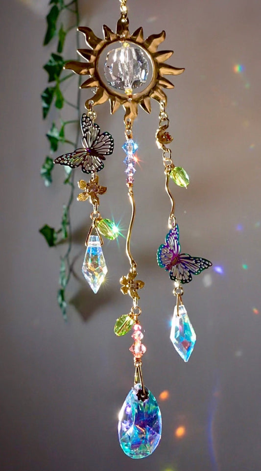 "Springtide" Car Charm~ Sun with Butterflies and Flowers, ombré pastel crystal prism Rear View Mirror hanger accessories