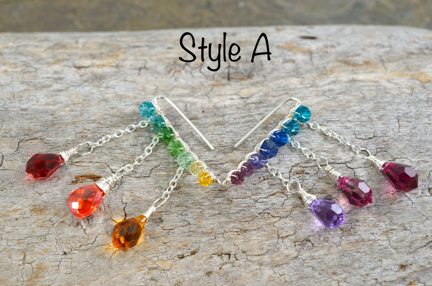 Rainbow Crystal dangly Ear Climbers in Sterling Silver or 14k Gold Fill, asymmetrical Crystal prism lgbtq pride ombré earrings