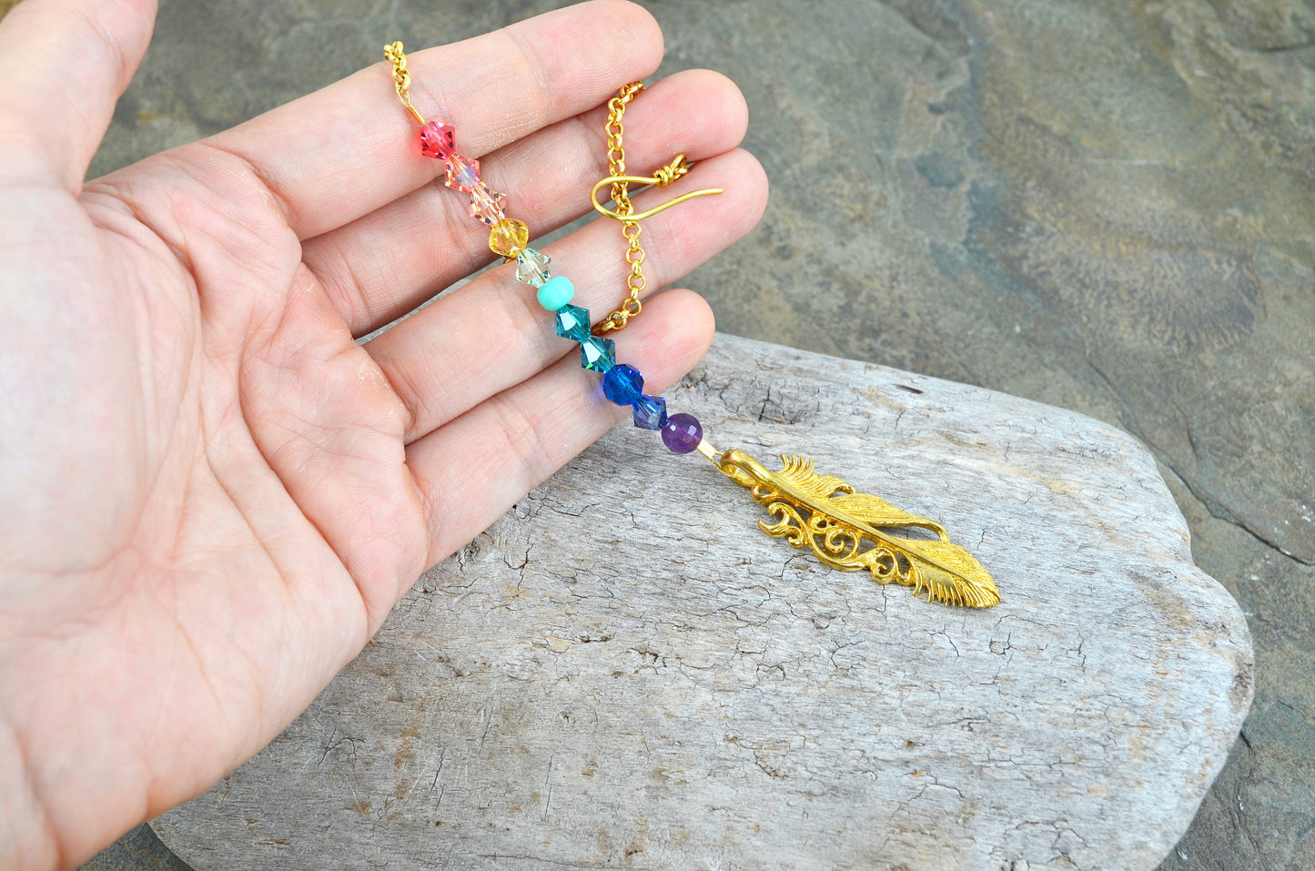 Boho Feather Rearview Mirror Car Charm, Rainbow Gemstone gold Crystal prisms auto decoration accessories