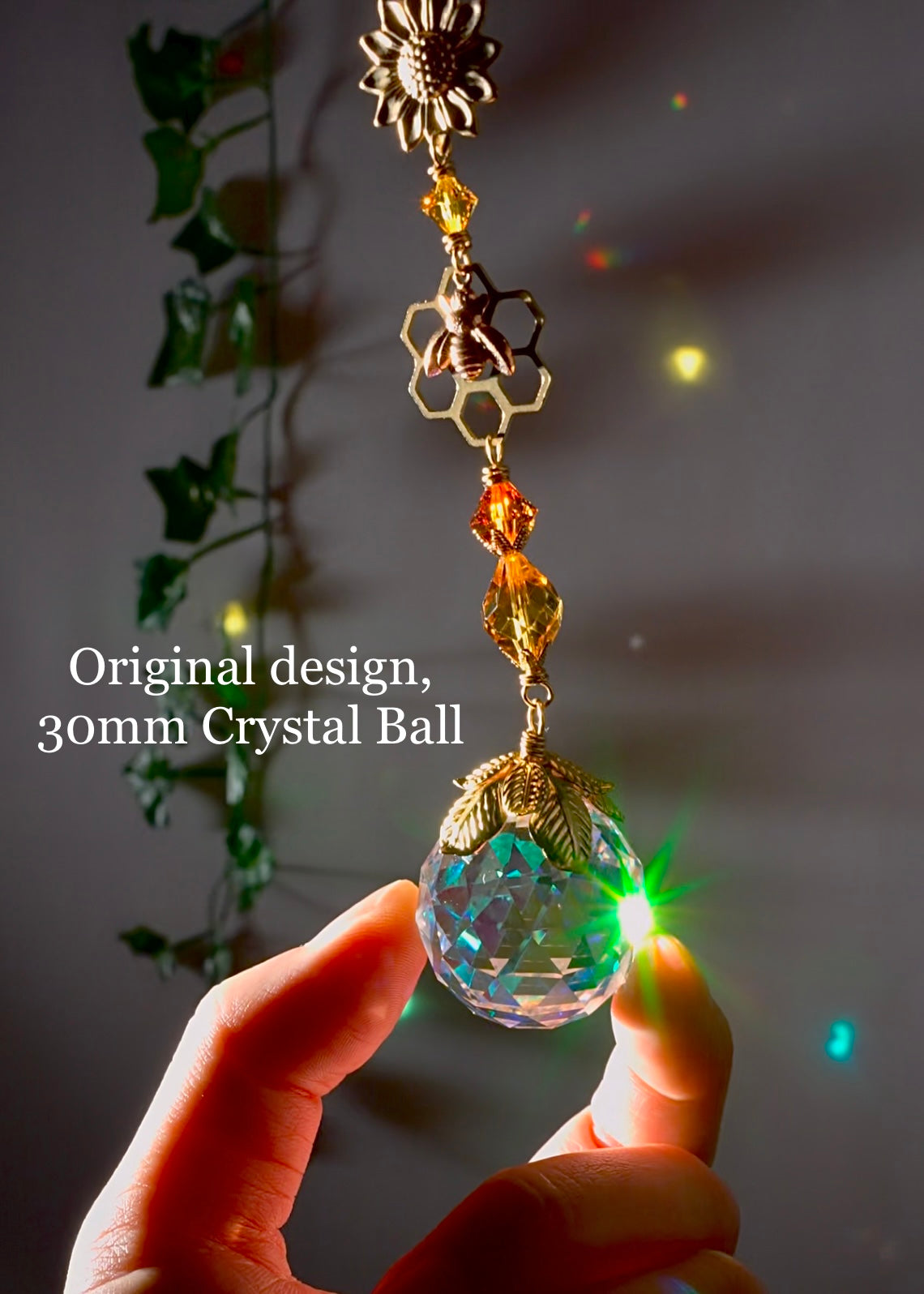Honeycomb Bee Sunflower Crystal Ball Suncatcher Window Charm, made with ombré prisms and 18k Gold-Plated