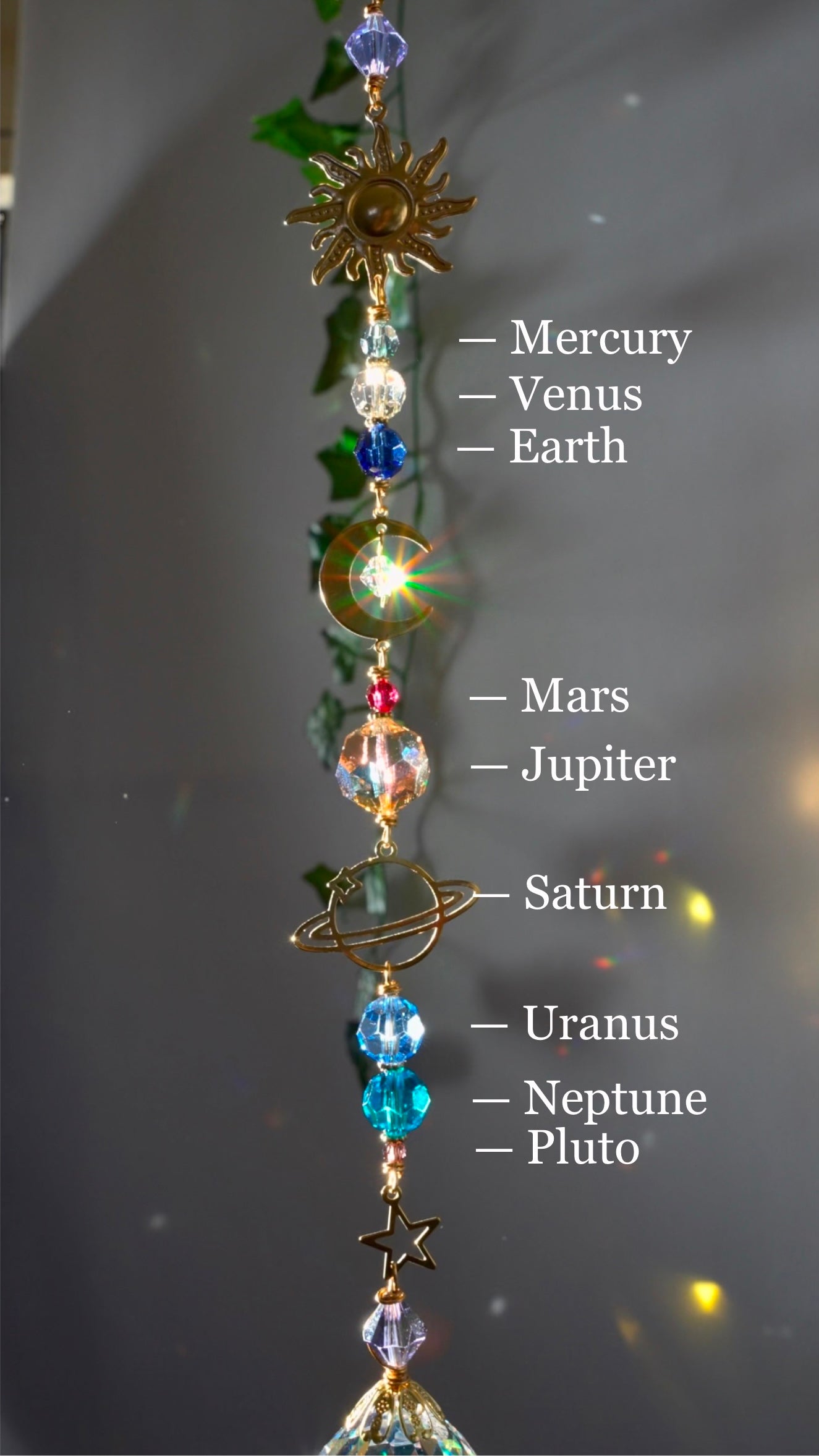 Solar System Crystal Ball Suncatcher Window Charm, celestial planetary hanger made with prisms and Brass