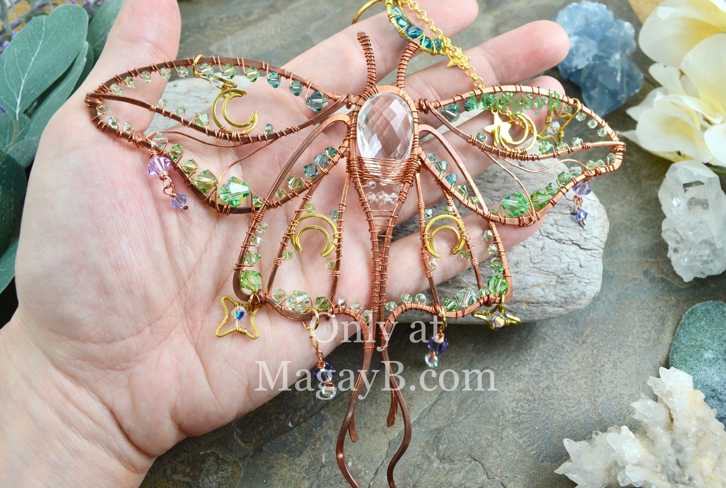 Luna Moth Moon Stars Suncatcher, boho witchy room decor rainbow maker Moth Necklace with raw crystal points
