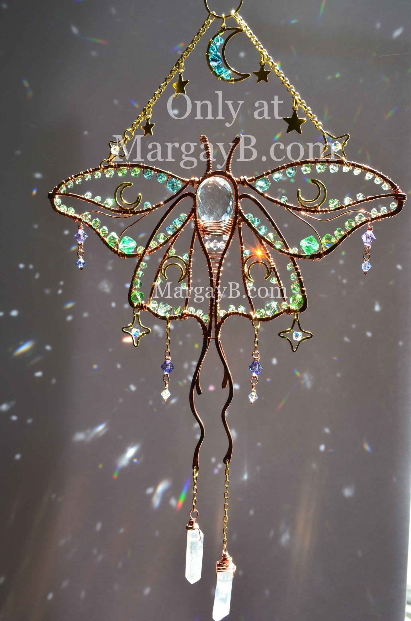 Luna Moth Moon Stars Suncatcher, boho witchy room decor rainbow maker Moth Necklace with raw crystal points
