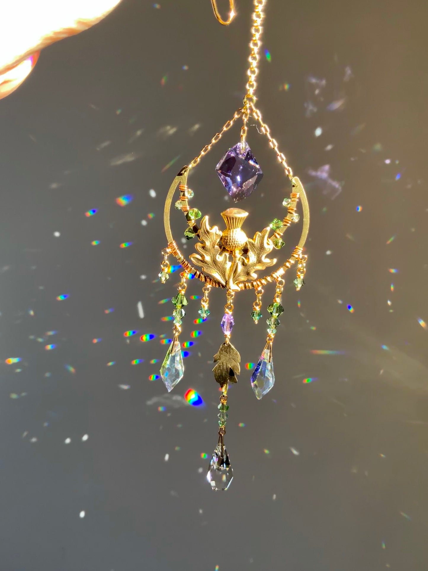 Wild Thistle Crystal Rear View Mirror Car Charm, Floral Crescent Moon auto decoration accessories made with Brass