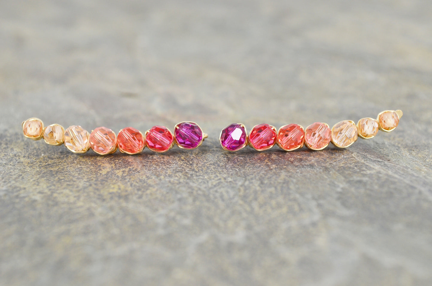 Ruby Grapefruit ombré Crystal Ear Climbers in Sterling Silver or 14k Gold Fill, ear crawler earrings