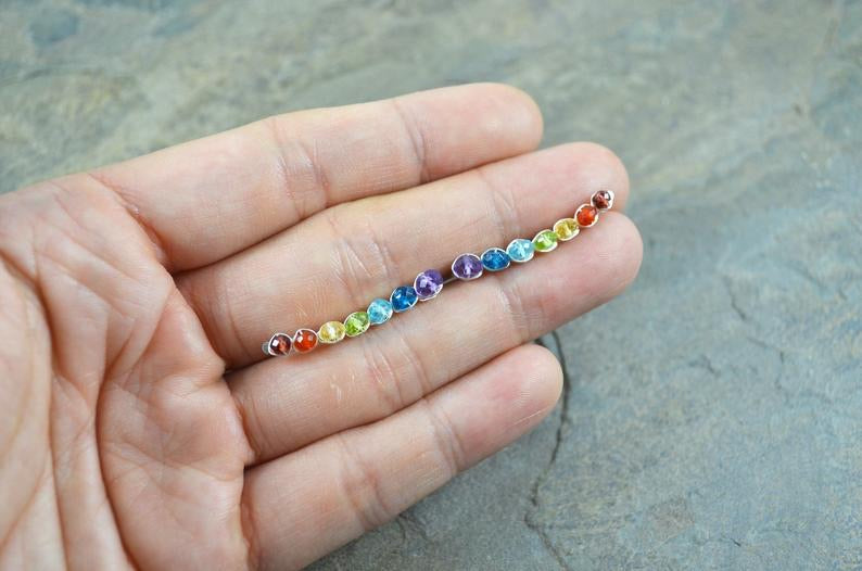 Rainbow Gemstone Ear Climbers in Sterling Silver or 14k Gold Fill, cubic zirconia pride lgbtq earrings