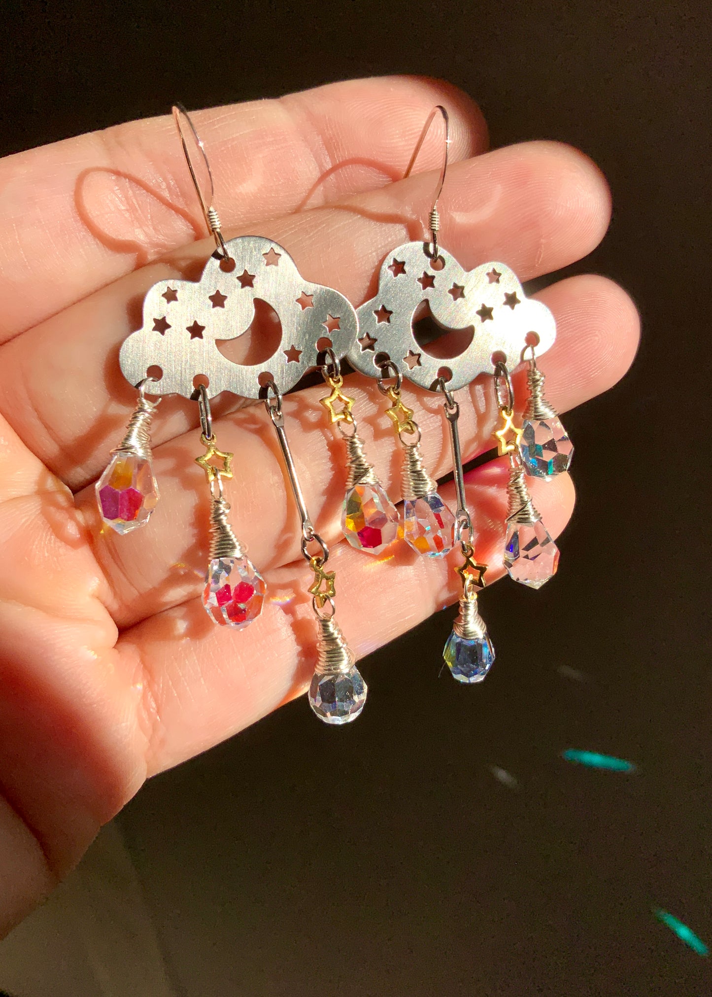 Aura Crystal Rain Cloud earrings~ Stainless Steel, Sterling Silver, and Brass