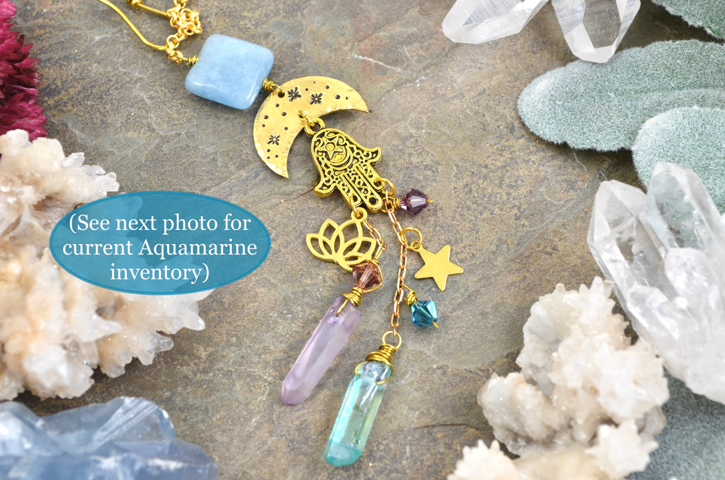 Aquamarine Hamsa Celestial Moon Rearview Mirror Car Charm, Aqua Aura Quartz point car crystal accessories