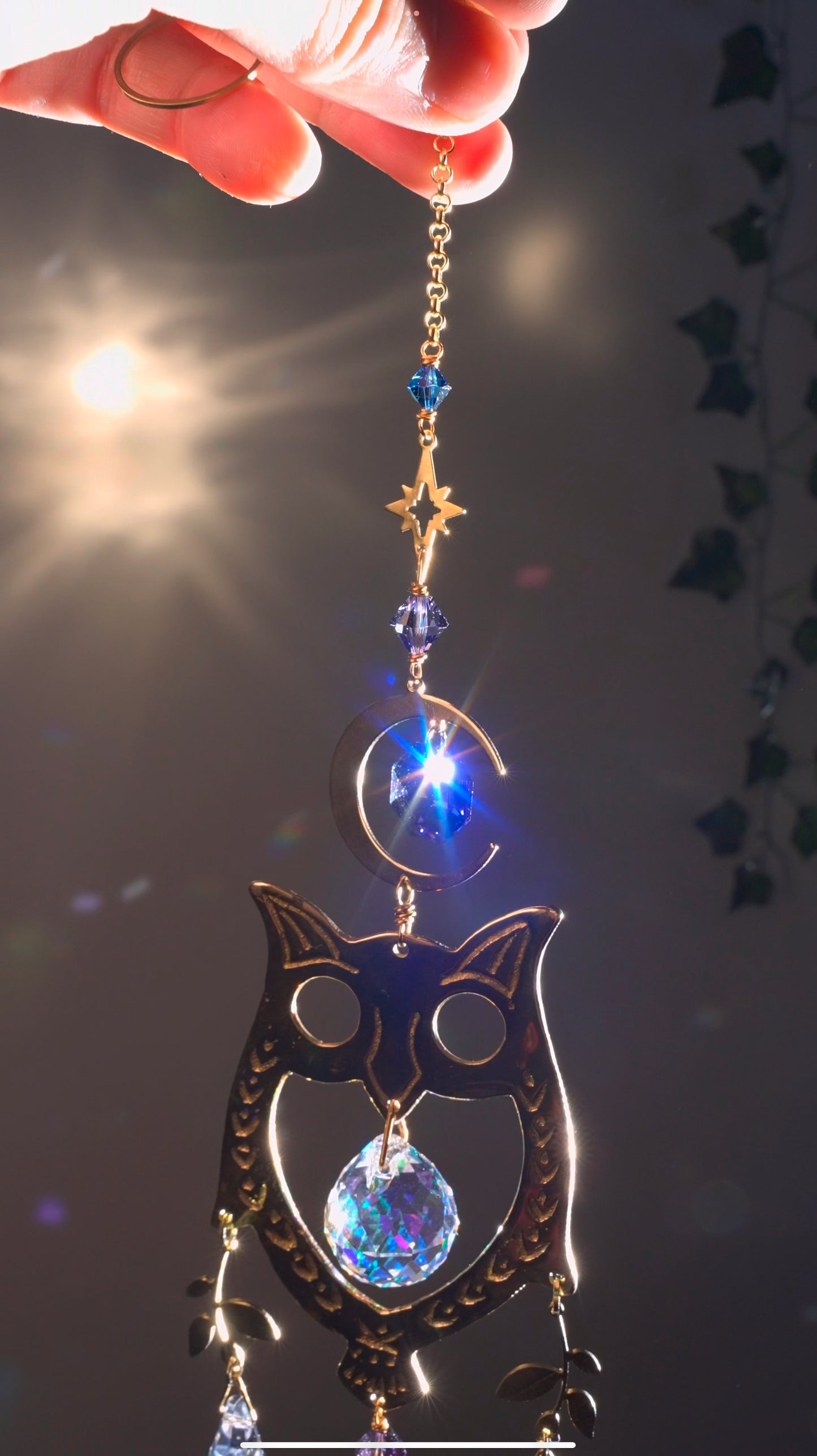"Night Owl" ~ Mini Suncatcher, boho witchy room decor made with Brass and Crystal Prisms