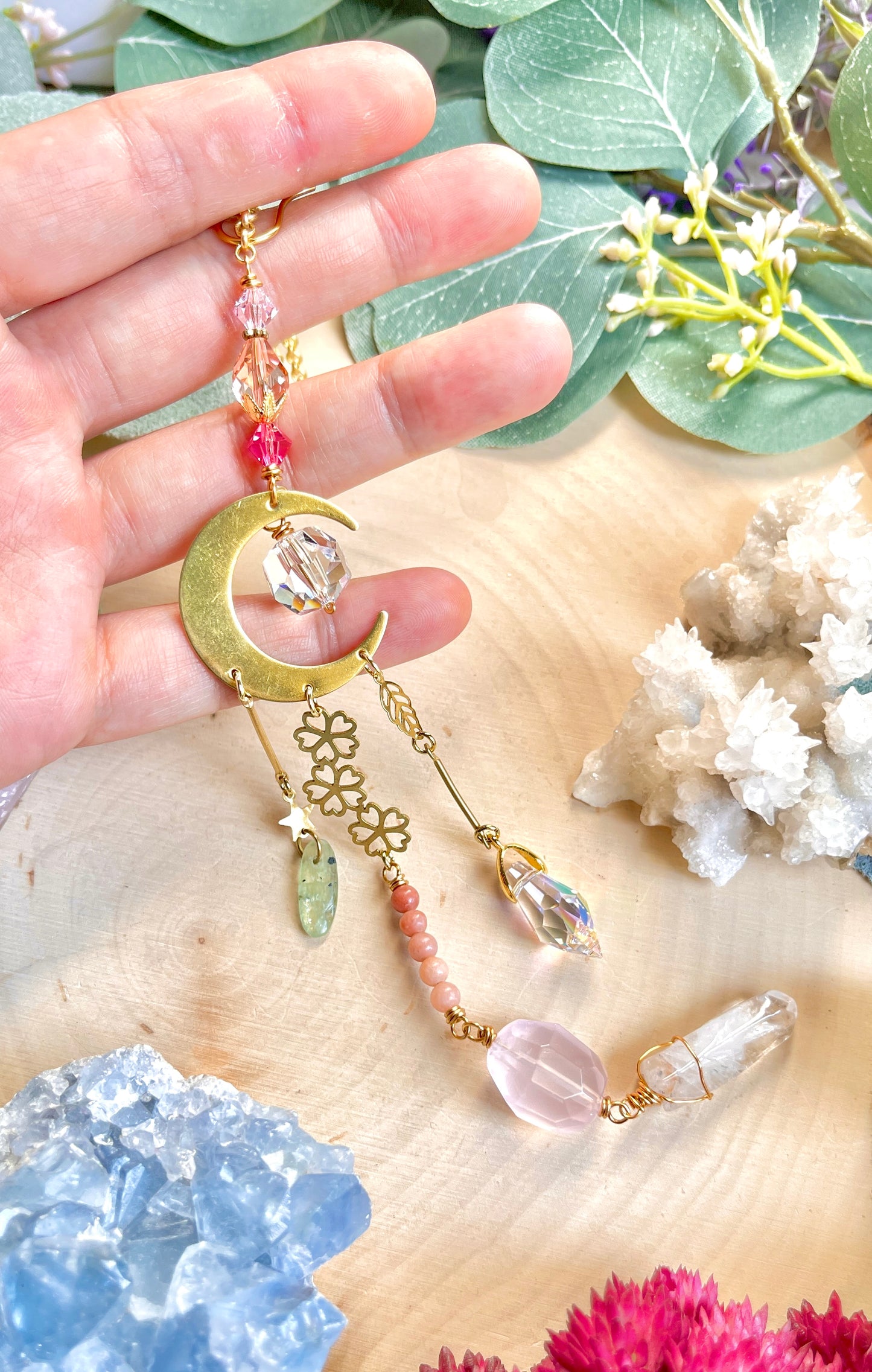 Cherry Blossom Car Charm with Rose Quartz, Pink Lepidolite gemstone with ombré Crystal prisms for car mirror accessories