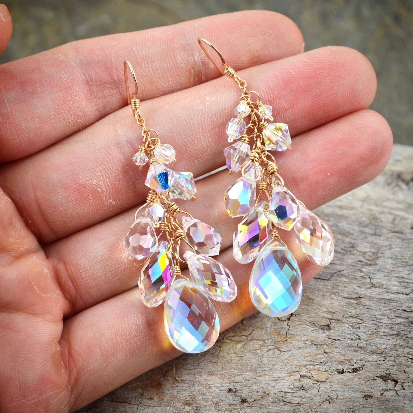 Rainbow Clear Aura Quartz and Crystal Waterfall Cluster earrings