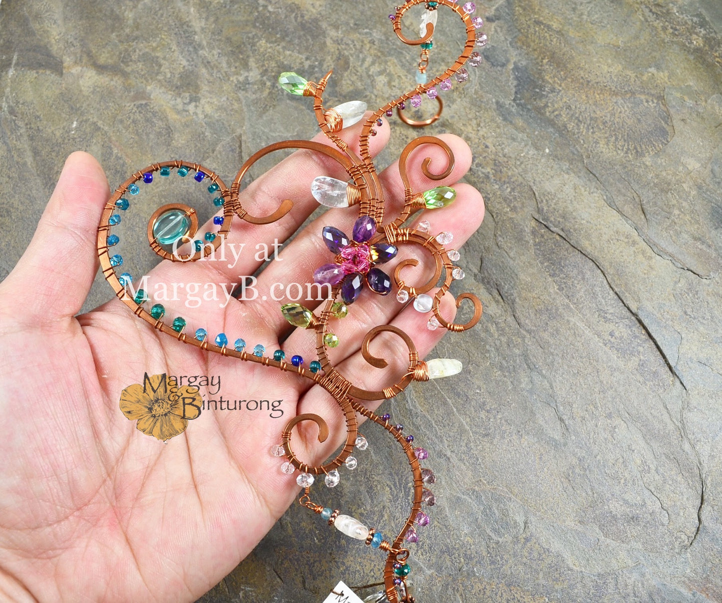Heart Vine Flower Suncatcher with Wire Wrap Gemstone and Crystal prisms