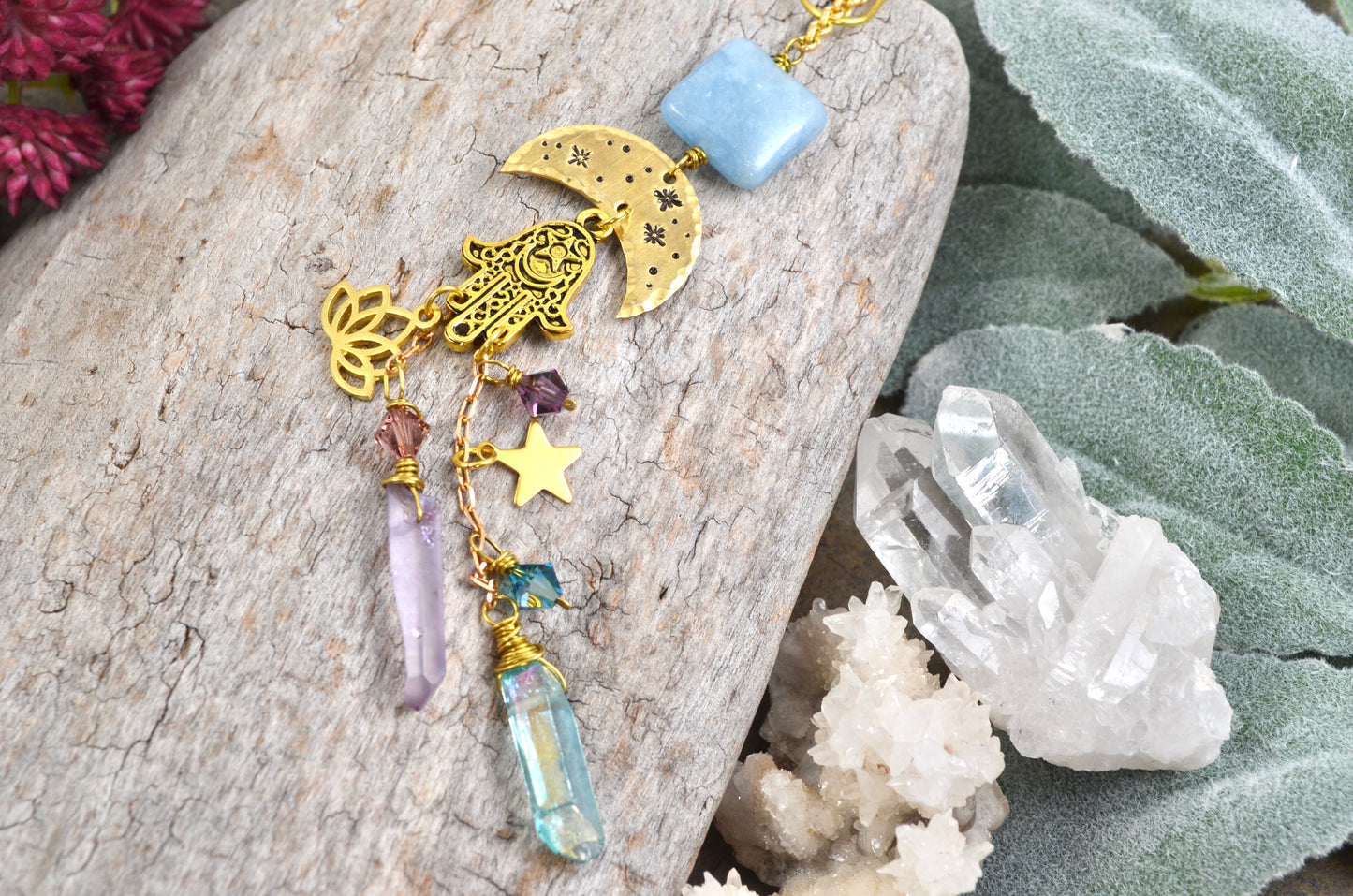 Aquamarine Hamsa Celestial Moon Rearview Mirror Car Charm, Aqua Aura Quartz point car crystal accessories
