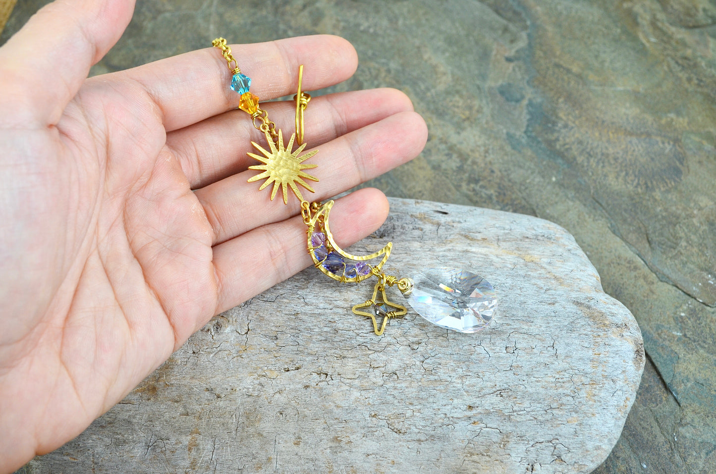 Boho Rear View Mirror Car Charm, Sun Crescent Moon Star Crystal prisms auto decoration accessories