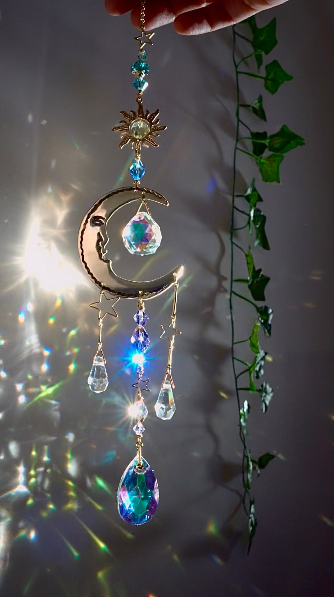 "Moon Gazer" ~ Mini Suncatcher, boho witchy room decor made with Brass and Crystal Prisms
