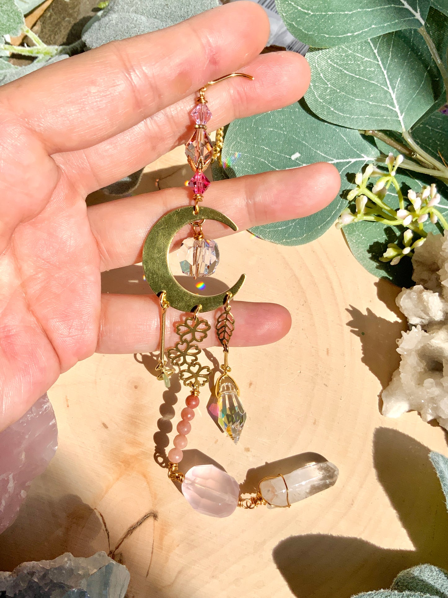 Cherry Blossom Car Charm with Rose Quartz, Pink Lepidolite gemstone with ombré Crystal prisms for car mirror accessories