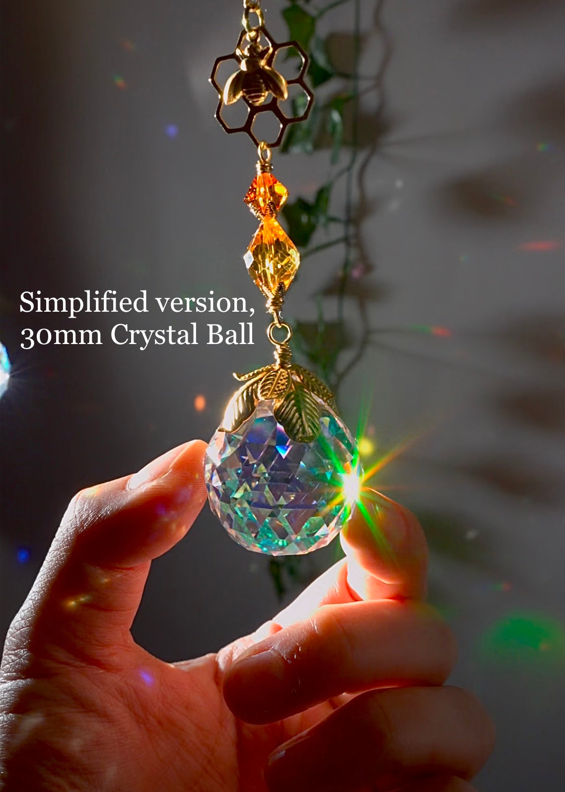 Honeycomb Bee Sunflower Crystal Ball Suncatcher Window Charm, made with ombré prisms and 18k Gold-Plated