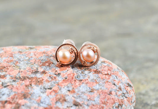 Peach Pearl Stud earrings in Sterling Silver or 14k Gold Filled