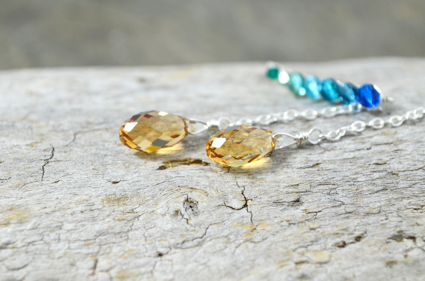 Peacock Feather inspired Ear Climbers, in Sterling Silver or 14k Gold Filled; Choose your drop color