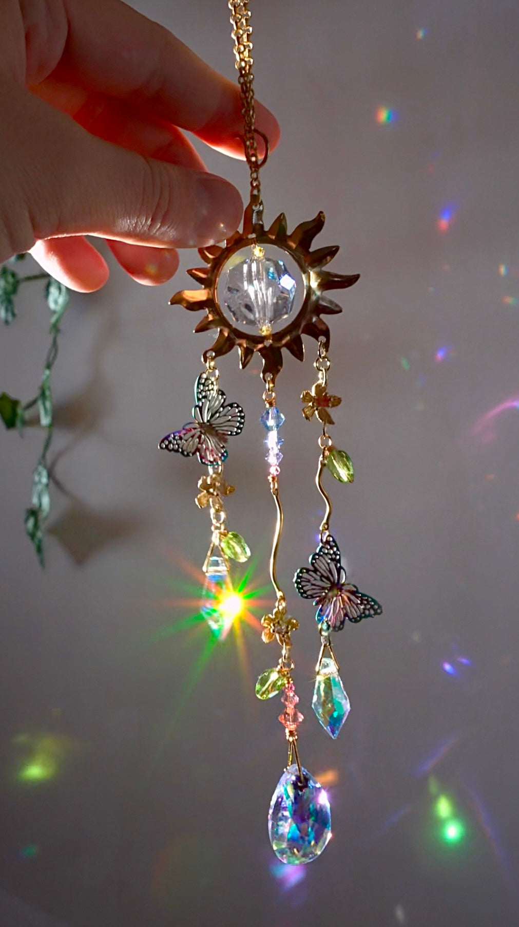 "Springtide" Car Charm~ Sun with Butterflies and Flowers, ombré pastel crystal prism Rear View Mirror hanger accessories