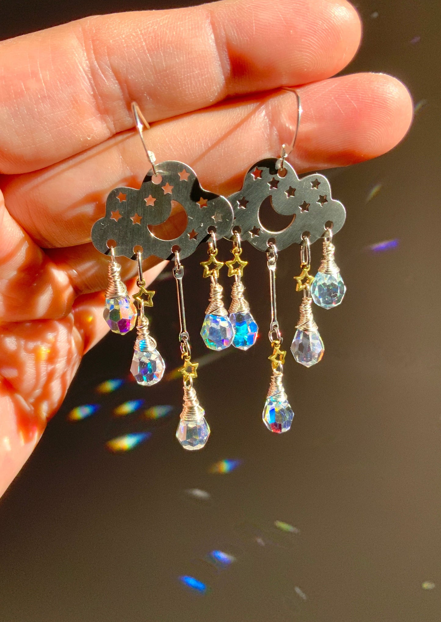Aura Crystal Rain Cloud earrings~ Stainless Steel, Sterling Silver, and Brass