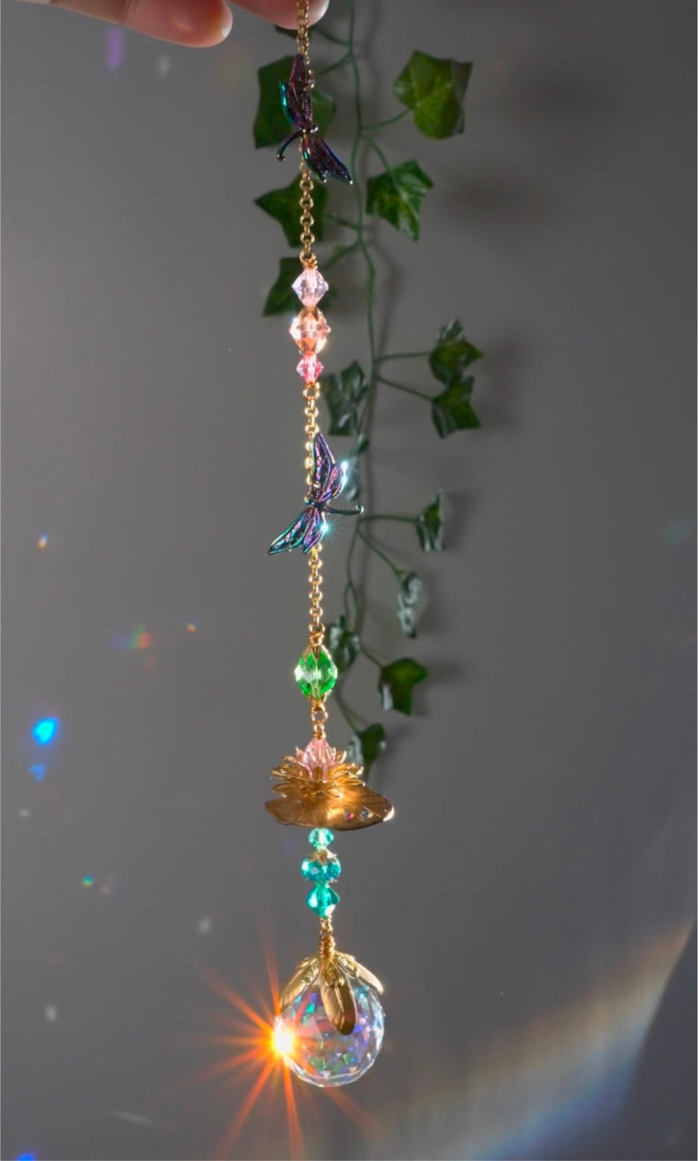 Lotus Lilypad Dragonfly Crystal Ball Suncatcher, Window Charm made with ombré prisms and Brass