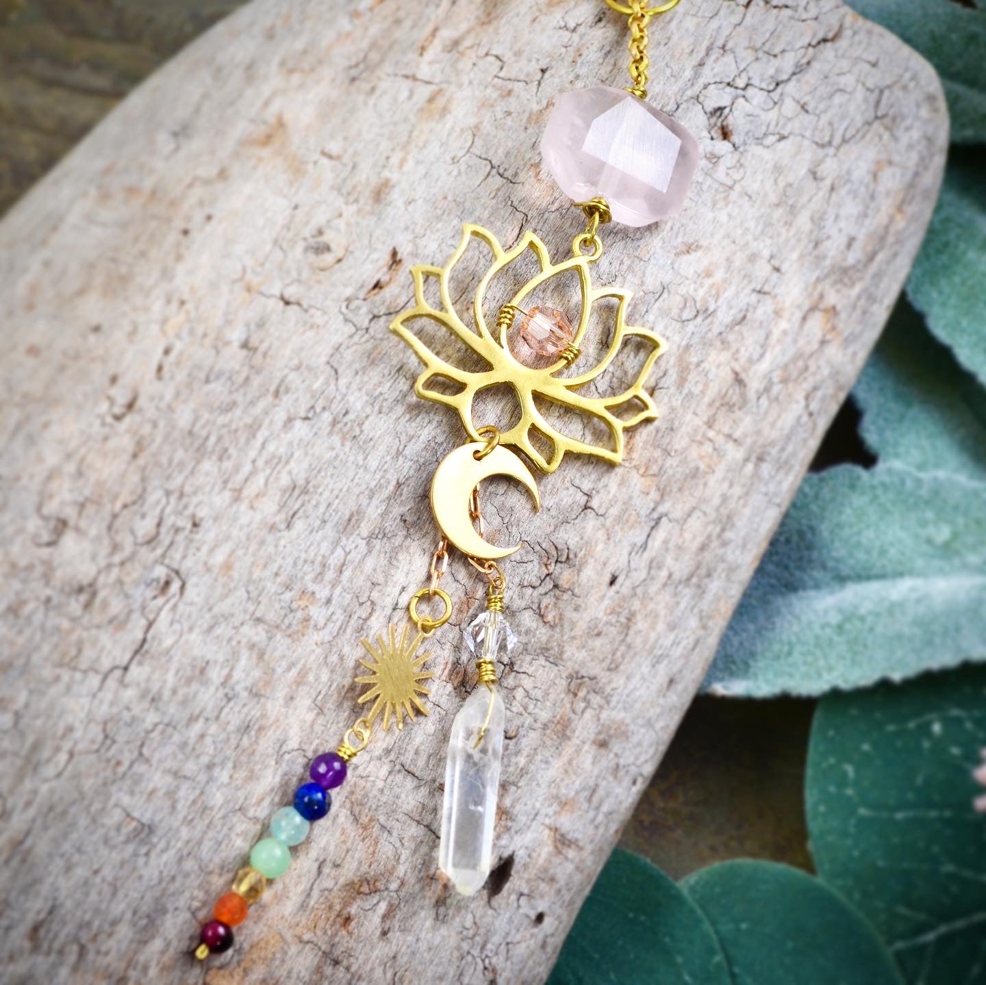 Lotus Chakra Rearview Mirror Car Charm, Rose Quartz Aura Quartz point Sun Moon car crystal accessories