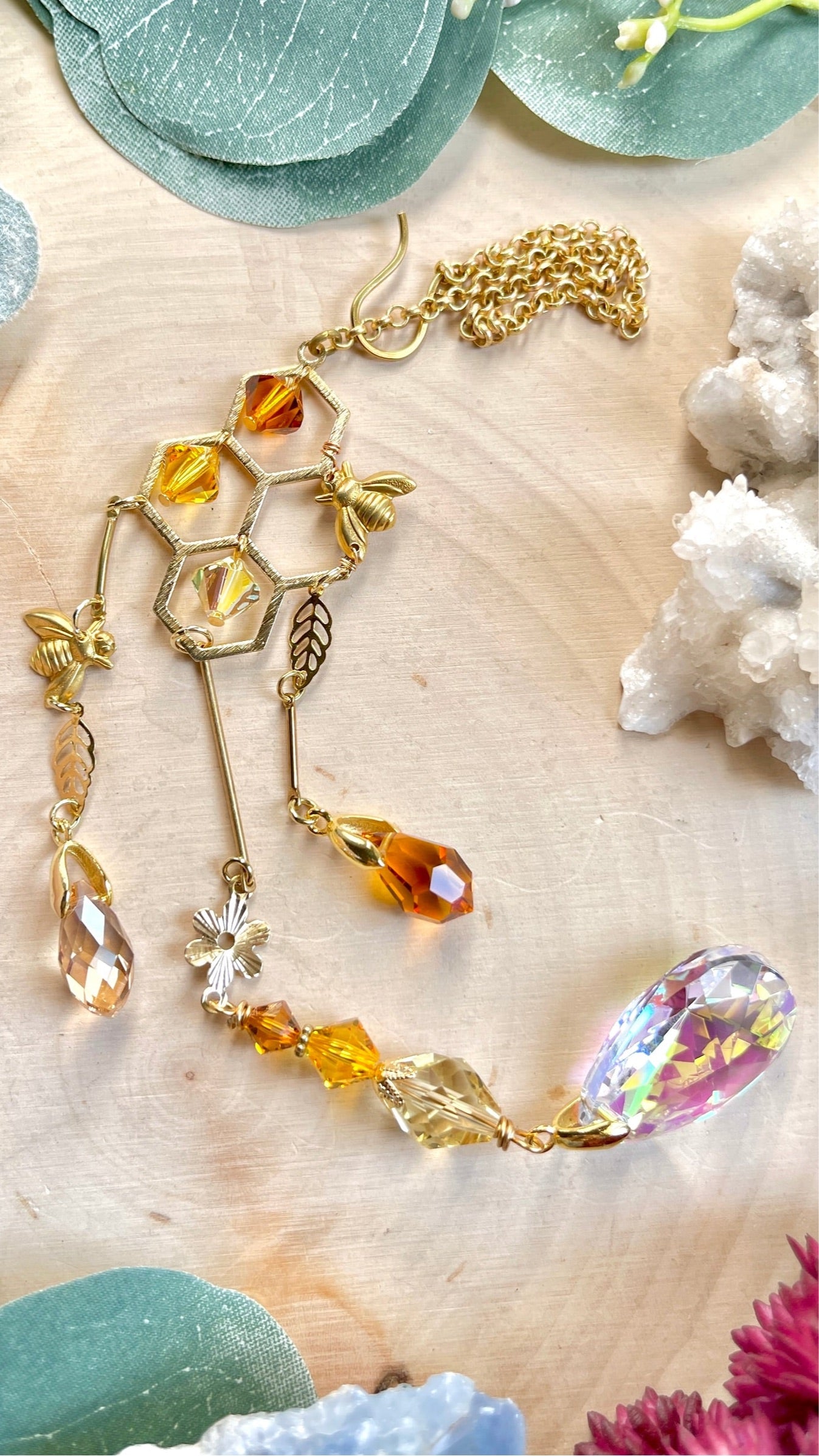 "Drops of Honey"— 18k Gold-Plated Honeycomb Bee Car Charm with ombré Crystal prisms for car mirror accessories