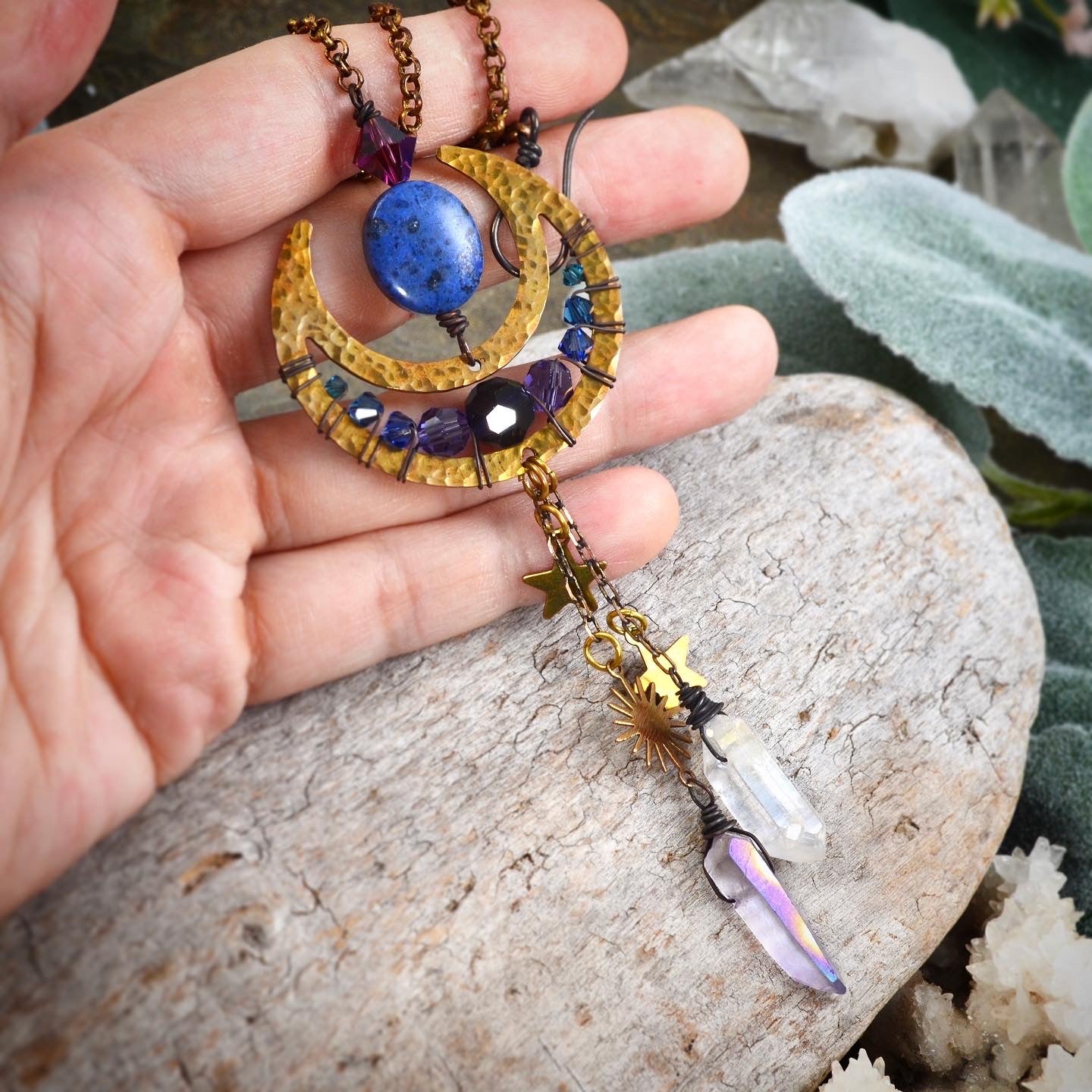 Sun Moon and Stars Rearview Mirror Car Charm, dark witchy decor Crystal prism car accessories